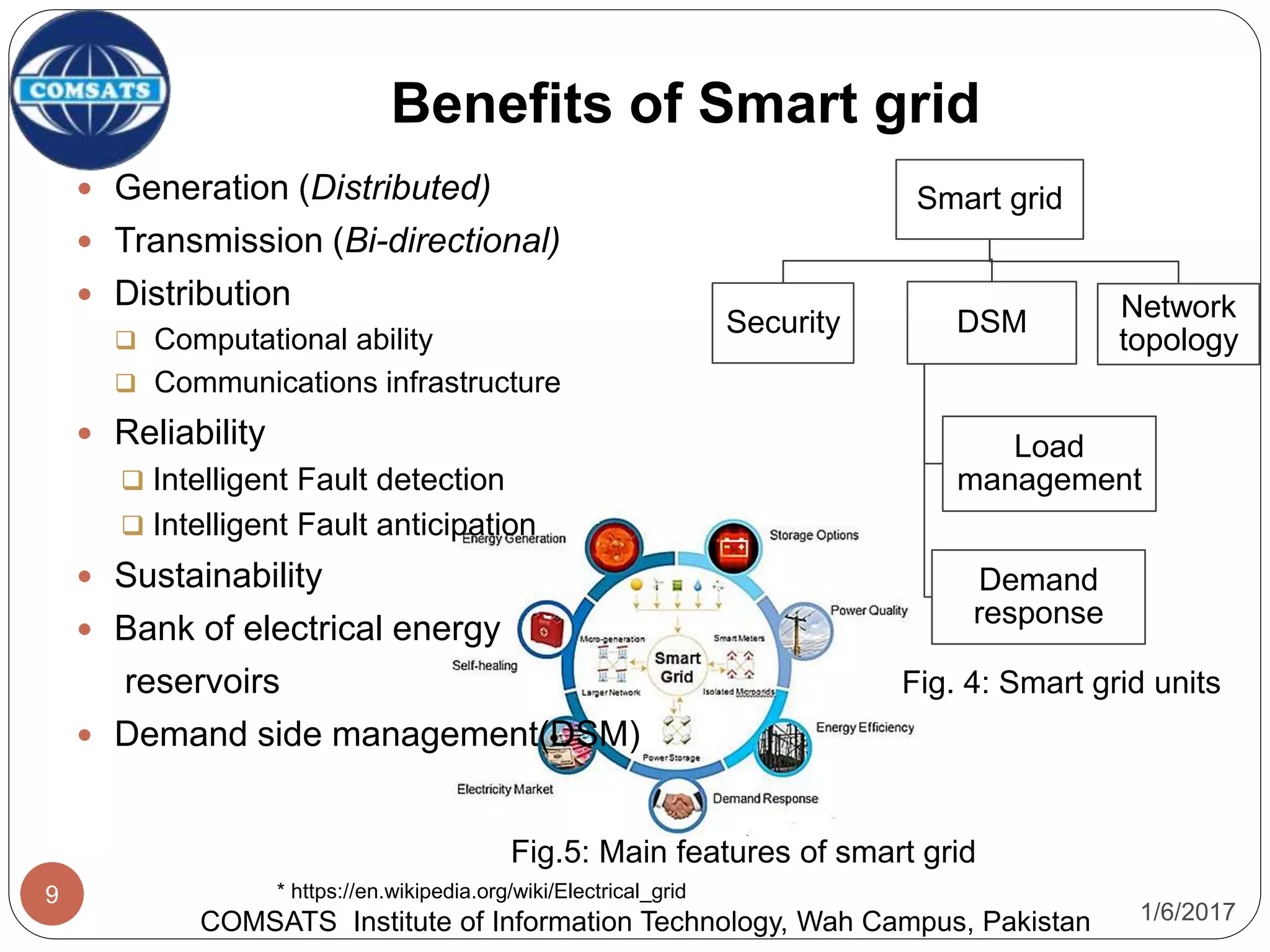 1/6/2017
9
Benefits of Smart grid
COMSATS Institute of Information Technology, Wah Campus, Pakistan
* https://en.wikipedia.org/wiki/Electrical_grid
 Generation (Distributed)
 Transmission (Bi-directional)
 Distribution
 Computational ability
 Communications infrastructure
 Reliability
 Intelligent Fault detection
 Intelligent Fault anticipation
 Sustainability
 Bank of electrical energy
reservoirs
 Demand side management(DSM)
Smart grid
Security DSM
Load
management
Demand
response
Network
topology
Fig. 4: Smart grid units
Fig.5: Main features of smart grid
 