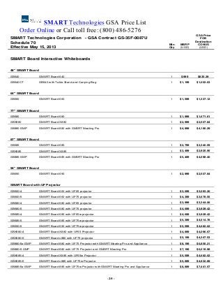SMART Technologies GSA Price List
Order Online or Call toll free: (800) 486-5276
- 20 -
Smart Technologies – GSA Pricing
SMART Technologies Corporation - GSA Contract GS-35F-0087U
Schedule 70
Effective May 15, 2013
Min
Qty
MSRP
(USD)
GSA Price
FOB
Destination
CONUS
(USD)
SMART Board Interactive Whiteboards
48" SMART Board
SB640 SMART Board 640 1 $999 $835.39
SB640CT SB640 with Table Stand and Carrying Bag 1 $1,199 $1,002.63
64" SMART Board
SB660 SMART Board 660 1 $1,599 $1,337.12
77" SMART Board
SB680 SMART Board 680 1 $1,999 $1,671.61
SBX880 SMART Board X880 1 $2,999 $2,507.84
SB880-SMP SMART Board 880 with SMART Meeting Pro 1 $4,999 $4,180.29
87" SMART Board
SB685 SMART Board 685 1 $2,799 $2,340.59
SBX885 SMART Board X885 1 $3,499 $2,925.95
SB885-SMP SMART Board 885 with SMART Meeting Pro 1 $5,499 $4,598.40
94" SMART Board
SB690 SMART Board 690 1 $2,999 $2,507.84
SMART Board with UF Projector
SB660i4 SMART Board 660 with UF65 projector 1 $3,699 $3,093.20
SB660i5 SMART Board 660 with UF75 projector 1 $4,399 $3,678.55
SB680i4 SMART Board 680 with UF65 projector 1 $3,999 $3,344.06
SB680i5 SMART Board 680 with UF75 projector 1 $4,699 $3,929.42
SB685i4 SMART Board 685 with UF65w projector 1 $4,699 $3,929.42
SB685i5 SMART Board 685 with UF75w projector 1 $5,399 $4,514.78
SB690i5 SMART Board 690 with UF75w projector 1 $5,599 $4,682.02
SBX880i4 SMART Board X880 with UF65 Projector 1 $4,899 $4,096.67
SBX880i5 SMART Board x880 with UF75 projector 1 $5,199 $4,347.53
SB880i5e-SMP SMART Board 880 with UF75 Projector with SMART Meeting Pro and Appliance 1 $8,199 $6,856.21
SB880i5-SMP SMART Board 880 with UF75 Projector and SMART Meeting Pro 1 $7,199 $6,019.98
SBX885i4 SMART Board X885 with UF65w Projector 1 $5,599 $4,682.02
SBX885i5 SMART Board x885 with UF75w Projector 1 $5,899 $4,932.89
SB885i5e-SMP SMART Board 885 with UF75w Projector with SMART Meeting Pro and Appliance 1 $8,899 $7,441.57
 