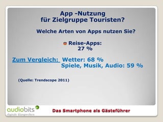 App -Nutzung
            für Zielgruppe Touristen?
         Welche Arten von Apps nutzen Sie?

                         Reise-Apps:
                            27 %

Zum Vergleich: Wetter: 68 %
               Spiele, Musik, Audio: 59 %

 (Quelle: Trendscope 2011)
 