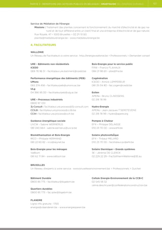 partie 3 : Répertoire des acteurs publics en Belgique | Smartguide de l’énergie durable

Service de Médiation de l’Energie
Missions : Traitement des plaintes concernant le fonctionnement du marché d'électricité et de gaz naturel et de tout différend entre un client final et une entreprise d'électricité et de gaz naturel.
Rue Royale, 47 – 1000 Bruxelles – 02 211 10 60
plainte@mediateurenergie.be - www.mediateurenergie.be

4. Facilitateurs
WALLONIE
Un Réseau de Facilitateurs à votre service : http://energie.wallonie.be  Professionnels  Demander conseil
URE - Bâtiments non résidentiels

Bois-Energie pour le service public

ICEDD

FRW - Francis FLAHAUX

069 78 96 51 - facilitateur.ure.batiment@icedd.be

084 21 98 60 - pbe@frw.be

Performance énergétique des bâtiments (PEB)

Cogénération

UMons

ICEDD - Annick LEMPEREUR

065 374 456 - facilitateurpeb@umons.ac.be

081 25 04 80 - fac.cogen@icedd.be

ULg
04 366 95 00 - facilitateurpeb@ulg.ac.be

Eolien
APERe - Bruno CLAESSENS

URE – Processus industriels

02 218 78 99

0800 97 333
3j-Consult : facilitateur.ure.process@3j-consult.com

Hydro-Energie

CCILB : facilitateur.ure.process@ccilb.be

APERe - Jean-Jacques T’SERSTEVENS

CCIH : facilitateur.ure.process@ccih.be

02 218 78 99 - hydro@apere.org

Guidance énergétique sociale

Pompes à Chaleur

UVCW - Sabine WERNERUS

EF4 – Philippe DELAISSE

081 240 664 - sabine.wernerus@uvcw.be

010 23 70 00 - www.ef4.be

Biométhanisation et Bois-Energie

Solaire photovoltaÏque

IRCO – Philippe HERMAND

EF4 - Thibaut MELARD

081 22 60 82 - irco@skynet.be

010 23 70 00 - facilitateur.pv@ef4.be

Bois-Energie pour les ménages

Solaire thermique – Grands systèmes

ValBiom

3E - Jérémie DE CLERCK

081 62 71 84 - www.valbiom.be

02 229 22 29 - FacSolthermWallonie@3E.eu

Bruxelles
Un Réseau d’experts à votre service : www.bruxellesenvironnement.be  Professionnels  Guichet

Bâtiment Durable

Cellule Energie-Environnement de la CCB-C

0800 85 775 - facilitateur@ibgebim.be

02 545 58 32
celine.deschryver@confederationconstruction.be.

Quartiers durables
0800 85 775 - fac.qdw@ibgebim.be
Flandre
Ligne info gratuite : 1700
energie@vlaanderen.be - www.energiesparen.be

63

 