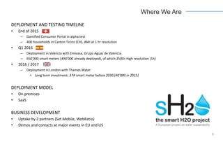 Where We Are
DEPLOYMENT AND TESTING TIMELINE
• End of 2015
– Gamified Consumer Portal in alpha test
– 400 households in Canton Ticino (CH), AMI at 1 hr resolution
• Q1 2016
– Deployment in Valencia with Emivasa, Grupo Aguas de Valencia.
– 650'000 smart meters (490'000 already deployed), of which 2500+ high resolution (1h)
• 2016 / 2017
– Deployment in London with Thames Water
• Long term investment: 3 M smart meter before 2030 (40’000 in 2015)
DEPLOYMENT MODEL
• On premises
• SaaS
BUSINESS DEVELOPMENT
• Uptake by 2 partners (Set Mobile, WebRatio)
• Demos and contacts at major events in EU and US
6
 