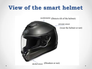 View of the smart helmet
(Drunken or not)
(wear the helmet or not)
(Detects tilt of the helmet)
 