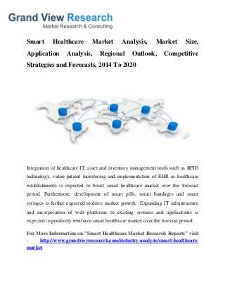 Smart Healthcare Market Analysis, Market Size,
Application Analysis, Regional Outlook, Competitive
Strategies and Forecasts, 2014 To 2020
Integration of healthcare IT, asset and inventory management tools such as RFID
technology, video patient monitoring and implementation of EHR in healthcare
establishments is expected to boost smart healthcare market over the forecast
period. Furthermore, development of smart pills, smart bandages and smart
syringes is further expected to drive market growth. Expanding IT infrastructure
and incorporation of web platforms to existing systems and applications is
expected to positively reinforce smart healthcare market over the forecast period.
For More Information on "Smart Healthcare Market Research Reports" visit
- http://www.grandviewresearch.com/industry-analysis/smart-healthcare-
market
 