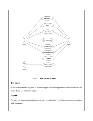 FIG 3.1 USE CASE DIAGRAM
Use cases:
A use case describes a sequence of actions that provide something of measurable value to an actor
and is drawn as a horizontal ellipse.
Actors:
An actor is a person, organization, or external system that plays a role in one or more interactions
with the system.
 