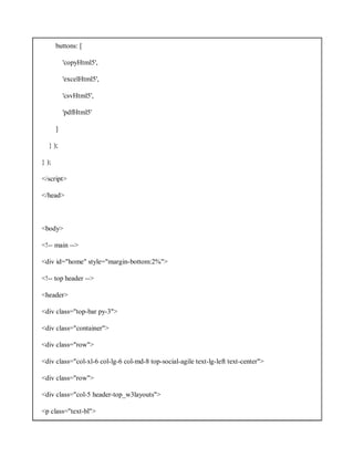 buttons: [
'copyHtml5',
'excelHtml5',
'csvHtml5',
'pdfHtml5'
]
} );
} );
</script>
</head>
<body>
<!-- main -->
<div id="home" style="margin-bottom:2%">
<!-- top header -->
<header>
<div class="top-bar py-3">
<div class="container">
<div class="row">
<div class="col-xl-6 col-lg-6 col-md-8 top-social-agile text-lg-left text-center">
<div class="row">
<div class="col-5 header-top_w3layouts">
<p class="text-bl">
 