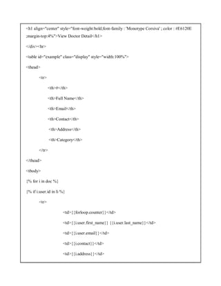 <h1 align="center" style="font-weight:bold;font-family : 'Monotype Corsiva' ; color : #E6120E
;margin-top:4%">View Doctor Detail</h1>
</div><hr>
<table id="example" class="display" style="width:100%">
<thead>
<tr>
<th>#</th>
<th>Full Name</th>
<th>Email</th>
<th>Contact</th>
<th>Address</th>
<th>Category</th>
</tr>
</thead>
<tbody>
{% for i in doc %}
{% if i.user.id in li %}
<tr>
<td>{{forloop.counter}}</td>
<td>{{i.user.first_name}} {{i.user.last_name}}</td>
<td>{{i.user.email}}</td>
<td>{{i.contact}}</td>
<td>{{i.address}}</td>
 