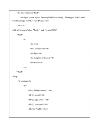 <div class="container-fluid">
<h1 align="center" style="font-weight:bold;font-family : 'Monotype Corsiva' ; color :
#E6120E ;margin-top:4%">View Disease</h1>
</div><hr>
<table id="example" class="display" style="width:100%">
<thead>
<tr>
<th>#</th>
<th>Disease Name</th>
<th>Type</th>
<th>Symptom of Disease</th>
<th>Action</th>
</tr>
</thead>
<tbody>
{% for i in dis %}
<tr>
<td>{{forloop.counter}}</td>
<td>{{i.name}}</td>
<td>{{i.type.name}}</td>
<td>{{i.symptom}}</td>
<td style="width:150px">
 