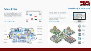 TAG
1
TAG
2
TAG
2 TAG
2
CO2
SMART
PARKING
SMART
BUILDING
SMART
STREET
LIGHTS
SMART
TRA FFIC
SMART
CAMERA S
Future Office
The system controlling entry to the building
and to the individual zones is a key factor that
affects the safety of people, property and in-
formation. Automated control technologies,
such as lighting, HVAC and shading again pro-
vide the optimum working environment while
efficiently using energy.
inels.com/futureoffice
Real time indoor localization system
anchor 1 anchor 3
Smart City & iNELS Air
Functional, efficient, safe, connected smart
cities. Headquarters, whose infrastructure
helps to improve services that create places
which allows better living and working envi-
ronments. Solutions to save and help people
spend ten minutes less in traffic jams or in
ﬁnding parking places.
inels.com/smartcity
Locating people
Controls
Reservation
systems
Air quality
Shading
Teleconferences
Dashboard Heat / Cold
Ventilation
Security systems
Control lightings
Audio / Video
Measuring and
energy savings
Access systems
anchor 2 anchor 4
 