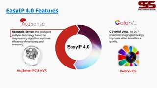 AcuSense IPC & NVR ColorVu IPC
EasyIP 4.0
Accurate Sense, the intelligent
analysis technology based on
deep learning algorithm improves
efficiency of monitoring and
searching.
Colorful view, the 24/7
chromatic imaging technology
improves video surveillance
quality.
EasyIP 4.0 Features
 