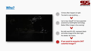 Why?
Crimes often happen at night.
Too dark to see anything......
Up to now, EasyIP 3.0 has supported
powered by DarkFighter technology.
Better Effect image in the evening!
But still need IR LED, represent black
and white image at the dark night.
No details. No Colors.
If we want to acquire 24/7
colorful image?!
 