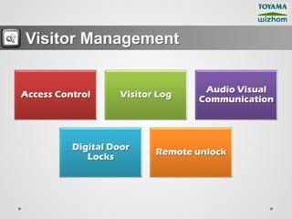Visitor Management

                                   Audio Visual
Access Control      Visitor Log
                                  Communication




          Digital Door
                           Remote unlock
             Locks
 