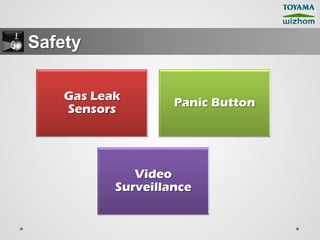 Safety

    Gas Leak
                    Panic Button
    Sensors




              Video
           Surveillance
 