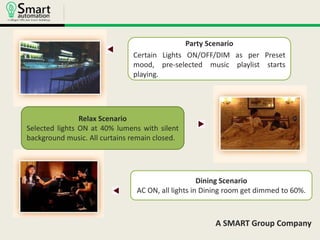 Party Scenario 
Certain Lights ON/OFF/DIM as per Preset 
mood, pre-selected music playlist starts 
playing. 
A SMART Group Company 
Relax Scenario 
Selected lights ON at 40% lumens with silent 
background music. All curtains remain closed. 
Dining Scenario 
AC ON, all lights in Dining room get dimmed to 60%. 
 