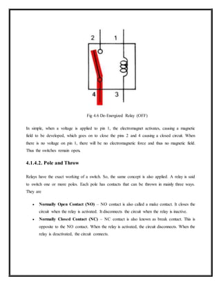 Fig 4.6 De-Energized Relay (OFF)
In simple, when a voltage is applied to pin 1, the electromagnet activates, causing a magnetic
field to be developed, which goes on to close the pins 2 and 4 causing a closed circuit. When
there is no voltage on pin 1, there will be no electromagnetic force and thus no magnetic field.
Thus the switches remain open.
4.1.4.2. Pole and Throw
Relays have the exact working of a switch. So, the same concept is also applied. A relay is said
to switch one or more poles. Each pole has contacts that can be thrown in mainly three ways.
They are
 Normally Open Contact (NO) – NO contact is also called a make contact. It closes the
circuit when the relay is activated. It disconnects the circuit when the relay is inactive.
 Normally Closed Contact (NC) – NC contact is also known as break contact. This is
opposite to the NO contact. When the relay is activated, the circuit disconnects. When the
relay is deactivated, the circuit connects.
 
