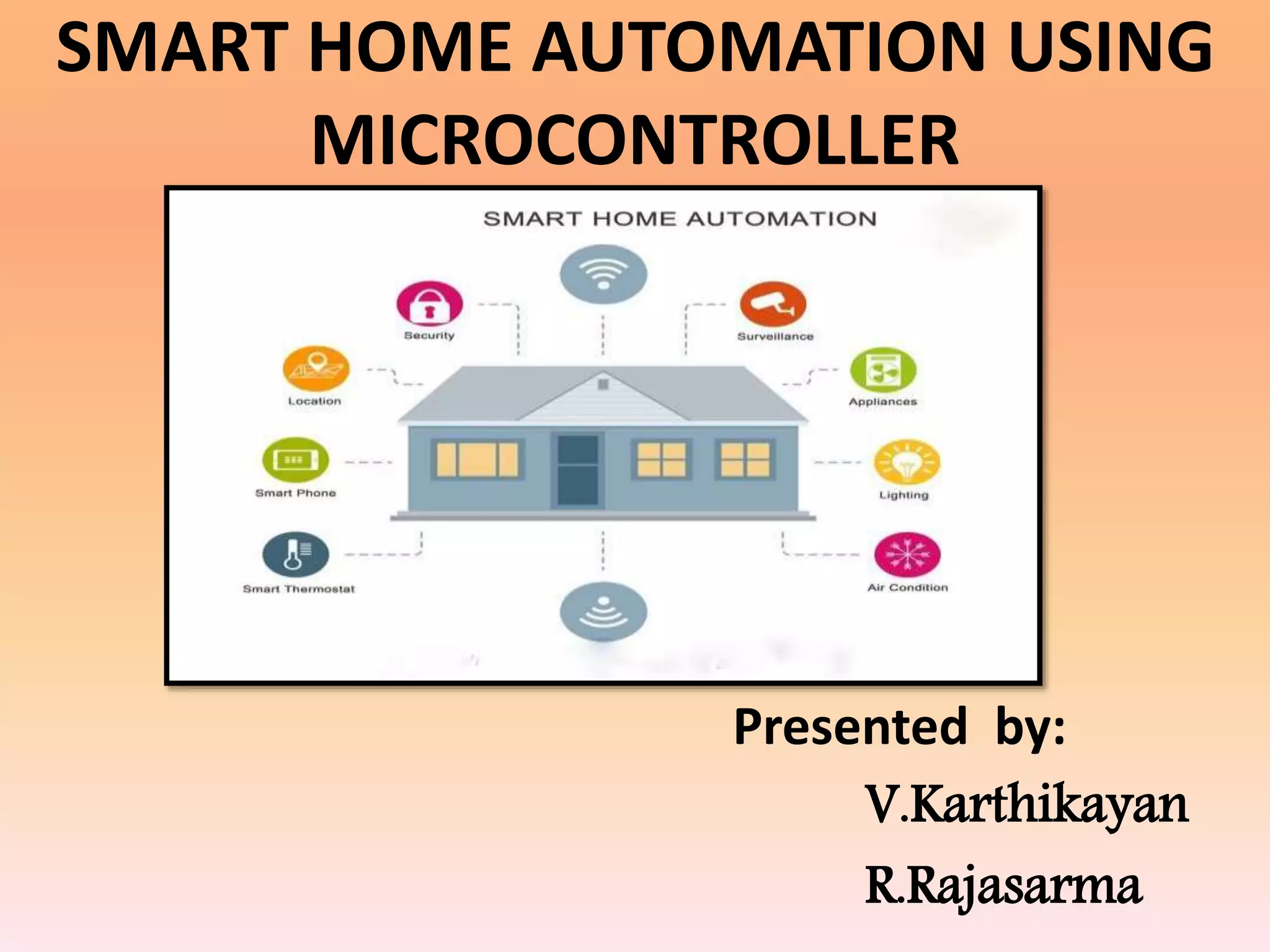 SMART HOME AUTOMATION USING
MICROCONTROLLER
Presented by:
V.Karthikayan
R.Rajasarma
 
