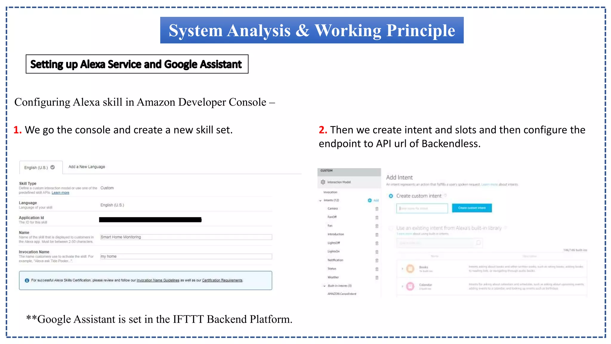 System Analysis & Working Principle
1. We go the console and create a new skill set. 2. Then we create intent and slots and then configure the
endpoint to API url of Backendless.
Configuring Alexa skill in Amazon Developer Console –
**Google Assistant is set in the IFTTT Backend Platform.
 