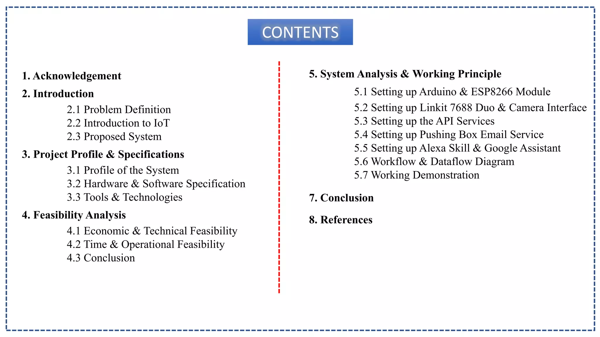 CONTENTS
1. Acknowledgement
2. Introduction
2.1 Problem Definition
2.2 Introduction to IoT
2.3 Proposed System
3. Project Profile & Specifications
3.1 Profile of the System
3.2 Hardware & Software Specification
3.3 Tools & Technologies
4. Feasibility Analysis
4.1 Economic & Technical Feasibility
4.2 Time & Operational Feasibility
4.3 Conclusion
5. System Analysis & Working Principle
5.1 Setting up Arduino & ESP8266 Module
5.2 Setting up Linkit 7688 Duo & Camera Interface
5.3 Setting up the API Services
5.4 Setting up Pushing Box Email Service
5.5 Setting up Alexa Skill & Google Assistant
5.6 Workflow & Dataflow Diagram
5.7 Working Demonstration
7. Conclusion
8. References
 