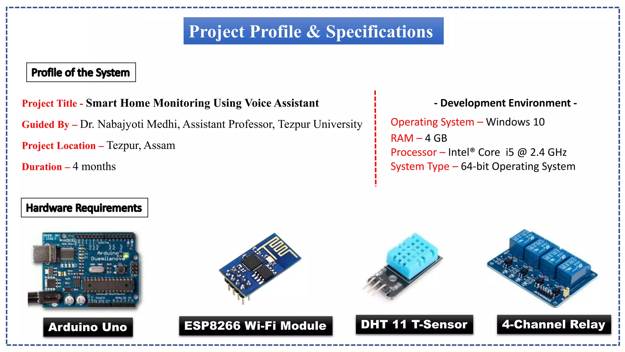 Project Profile & Specifications
Project Title - Smart Home Monitoring Using Voice Assistant
Guided By – Dr. Nabajyoti Medhi, Assistant Professor, Tezpur University
Project Location – Tezpur, Assam
Duration – 4 months
- Development Environment -
Operating System – Windows 10
RAM – 4 GB
Processor – Intel® Core i5 @ 2.4 GHz
System Type – 64-bit Operating System
Arduino Uno ESP8266 Wi-Fi Module DHT 11 T-Sensor 4-Channel Relay
 
