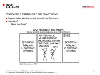 Smart Home Initiativen bei der M2M Alliance e.V. | Dr.-Ing. Andreas Fink
10. Expertenrunde SmartHomeNRW, 22.06.2017, Sonepar/Holzwickede | ©2017, M2M Alliance e.V.
11
STANDARDS & PROTOKOLLE FÜR SMART HOME
►Exponentielles Wachstum statt einheitlicher Standards
►Ursachen?
▪ „Natur der Dinge“
Quelle: https://xkcd.com/927/
 