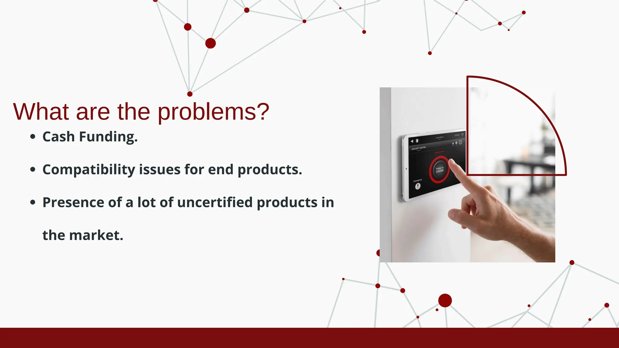 What are the problems?
Cash Funding.
Compatibility issues for end products.
Presence of a lot of uncertified products in
the market.
 
