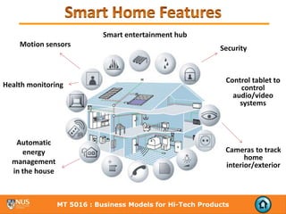 Smart entertainment hub
    Motion sensors
                                                          Security



                                                            Control tablet to 
Health monitoring                                               control 
                                                              audio/video 
                                                                systems



   Automatic 
     energy                                                 Cameras to track 
                                                                  home 
  management                                                interior/exterior
  in the house



               MT 5016 : Business Models for Hi-Tech Products
 