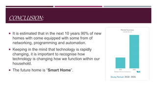 CONCLUSION;
 It is estimated that in the next 10 years 90% of new
homes with come equipped with some from of
networking, programming and automation.
 Keeping in the mind that technology is rapidly
changing, it is important to recognise how
technology is changing how we function within our
household.
 The future home is “Smart Home”.
 