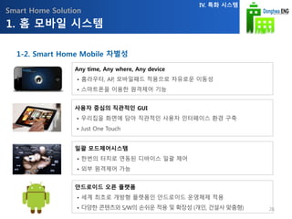 Smart Home Solution
안드로이드 오픈 플랫폼
• 세계 최초로 개방형 플랫폼인 안드로이드 운영체제 적용
• 다양한 콘텐츠와 S/W의 손쉬운 적용 및 확장성 (개인, 건설사 맞춤형)
Any time, Any where, Any device
• 홈라우터, AP, 모바일패드 적용으로 자유로운 이동성
• 스마트폰을 이용한 원격제어 기능
사용자 중심의 직관적인 GUI
• 우리집을 화면에 담아 직관적인 사용자 인터페이스 환경 구축
• Just One Touch
일괄 모드제어시스템
• 한번의 터치로 연동된 디바이스 일괄 제어
• 외부 원격제어 가능
1. 홈 모바일 시스템
IV. 특화 시스템
1-2. Smart Home Mobile 차별성
26
 