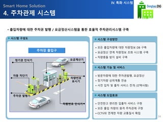 Smart Home Solution
시스템 구성방안시스템 구성도
시스템 기능 및 서비스
시스템 도입효과
• 안전한고 편리한 입출차 서비스 구현
• 모든 출입 차량의 원격 주차관제 구현
• CCTV와 연계한 차량 교통질서 확립
• 방문차량에 대한 주차권발행, 요금정산
• 정기차량 상위계통 전송
• 사전 입차 및 출차 서비스 전개 (선택사항)
• 모든 출입차량에 대한 차량정보 DB 구축
• 요금정산 연계 차량정보 조회 시스템 구축
• 차량충돌 방지 설비 구축
자동차
단기
주차장 출입구
정기권 인식기
자동 차단기
주차권 발행기
차량번호 인식기
차량번호
표시기
4. 주차관제 시스템
IV. 특화 시스템
• 출입차량에 대한 주차권 발행 / 요금정산시스템을 통한 효율적 주차관리시스템 구축
34
요금계산기
 