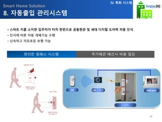 Smart Home Solution
• 스마트 키를 소지한 입주자가 터치 한번으로 공동현관 및 세대 디지털 도어락 자동 인식
• 인식에 따른 자동 개폐기능 수행
• 신속하고 자유로운 보행 가능
편리한 원패스 시스템 추가배관 배선시 비용 절감
8. 자동출입 관리시스템
IV. 특화 시스템
38
 