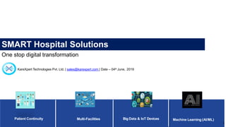 SMART Hospital Solutions
Multi-Facilities
Patient Continuity Big Data & IoT Devices Machine Learning (AI/ML)
KareXpert Technologies Pvt. Ltd. | sales@karexpert.com | Date – 04th June, 2019
One stop digital transformation
1
 
