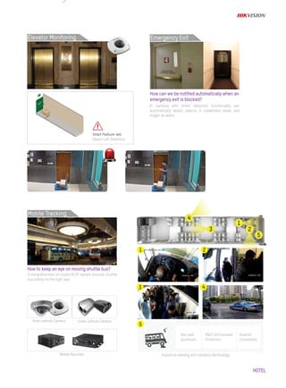 HOTEL
4
3 2
1
5
A comprehensive on-board HD IP system ensures shuttle
bus safety on the right way
How to keep an eye on moving shuttle bus?
Smart Feature-set:
Object Left Detection
Inner-vehicle Camera
Mobile Recorder Industrial-leading anti-vibration technology
Outer-vehicle Camera
IP cameras with Smart detection functionality can
automatically detect objects in predefined areas and
trigger an alarm.
How can we be notified automatically when an
emergency exit is blocked?
Mobile Tracking
Elevator Monitoring Emergency Exit
1 2
43
5
Die-cast
aluminum
HDD Full Enclosed
Protection
Aviation
Connection
 