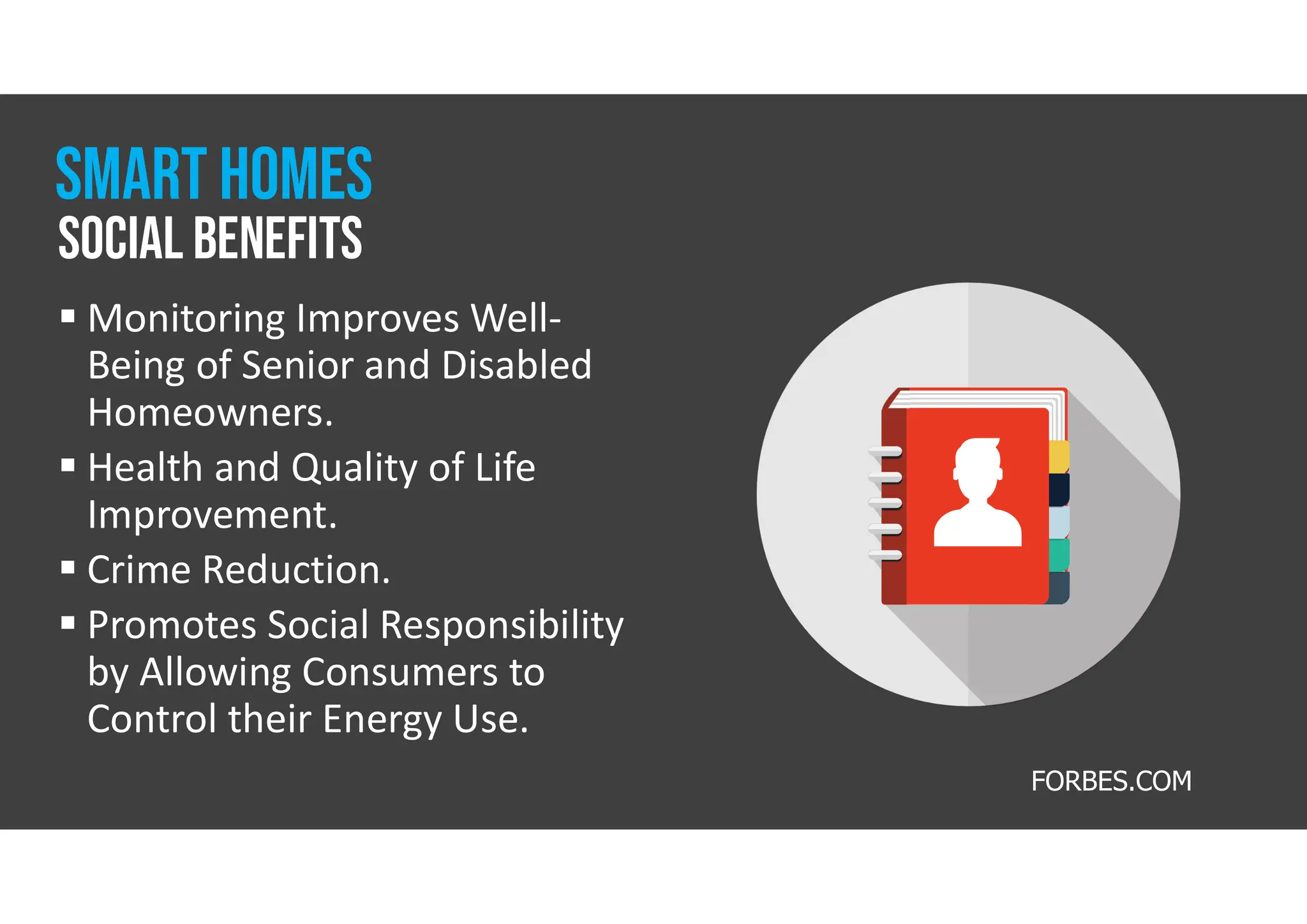 FORBES.COM
 Monitoring Improves Well-
Being of Senior and Disabled
Homeowners.
 Health and Quality of Life
Improvement.
 Crime Reduction.
 Promotes Social Responsibility
by Allowing Consumers to
Control their Energy Use.
Social benefits
smart homes
 