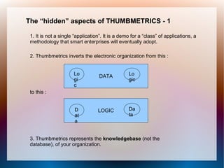 The “hidden” aspects of THUMBMETRICS - 1

 1. It is not a single “application”. It is a demo for a “class” of applications, a
 methodology that smart enterprises will eventually adopt.

 2. Thumbmetrics inverts the electronic organization from this :


                      Lo           DATA          Lo
                      gi                         gic
                      c
 to this :


                       D          LOGIC          Da
                       at                        ta
                       a


 3. Thumbmetrics represents the knowledgebase (not the
 database), of your organization.
 