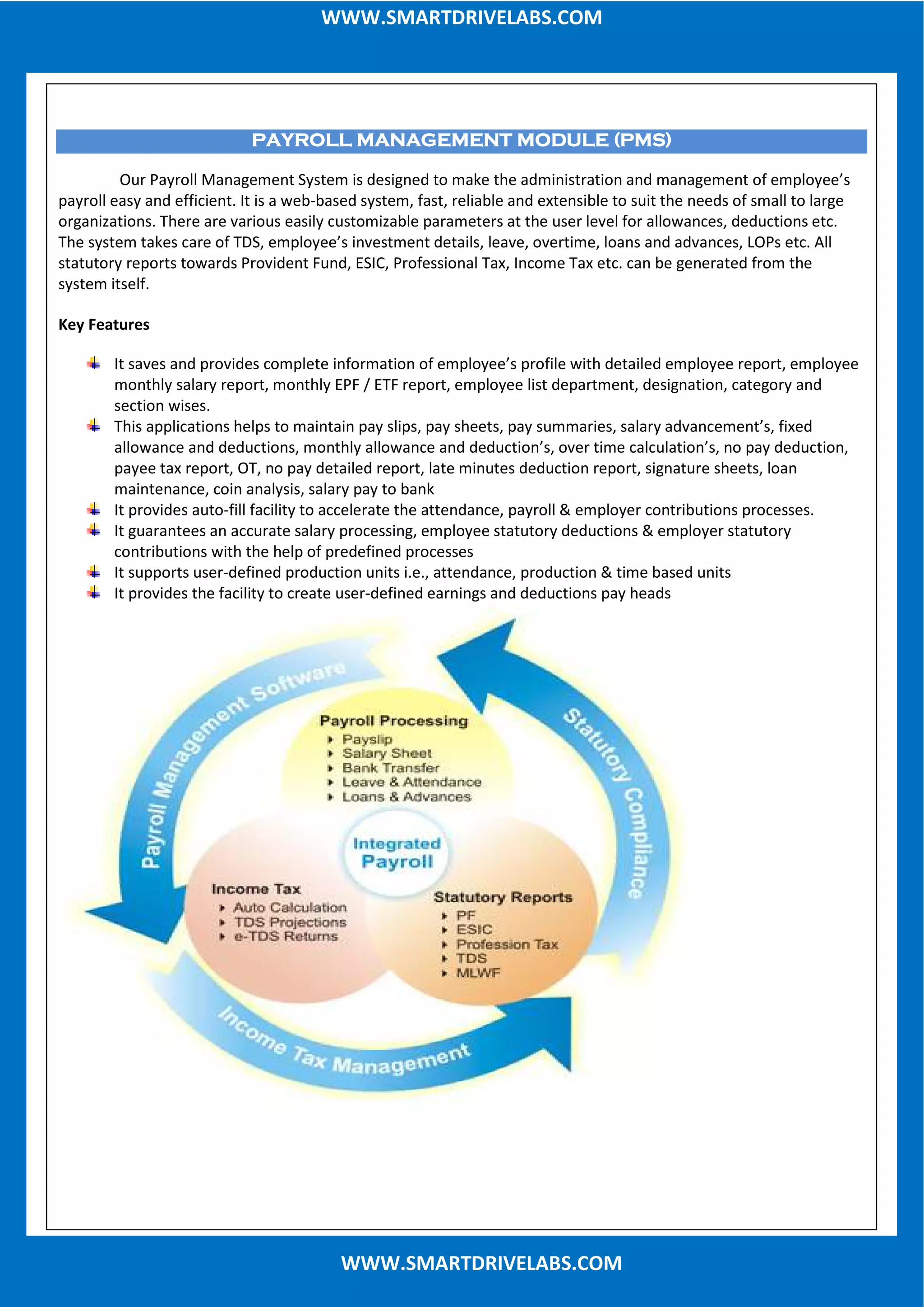 WWW.SMARTDRIVELABS.COMWWW.SMARTDRIVELABS.COM
WWW.SMARTDRIVELABS.COM
PAYROLL MANAGEMENT MODULE (PMS)PAYROLL MANAGEMENT MODULE (PMS)PAYROLL MANAGEMENT MODULE (PMS)PAYROLL MANAGEMENT MODULE (PMS)
Our Payroll Management System is designed to make the administration and management of employee’s
payroll easy and efficient. It is a web-based system, fast, reliable and extensible to suit the needs of small to large
organizations. There are various easily customizable parameters at the user level for allowances, deductions etc.
The system takes care of TDS, employee’s investment details, leave, overtime, loans and advances, LOPs etc. All
statutory reports towards Provident Fund, ESIC, Professional Tax, Income Tax etc. can be generated from the
system itself.
Key Features
It saves and provides complete information of employee’s profile with detailed employee report, employee
monthly salary report, monthly EPF / ETF report, employee list department, designation, category and
section wises.
This applications helps to maintain pay slips, pay sheets, pay summaries, salary advancement’s, fixed
allowance and deductions, monthly allowance and deduction’s, over time calculation’s, no pay deduction,
payee tax report, OT, no pay detailed report, late minutes deduction report, signature sheets, loan
maintenance, coin analysis, salary pay to bank
It provides auto-fill facility to accelerate the attendance, payroll & employer contributions processes.
It guarantees an accurate salary processing, employee statutory deductions & employer statutory
contributions with the help of predefined processes
It supports user-defined production units i.e., attendance, production & time based units
It provides the facility to create user-defined earnings and deductions pay heads
 