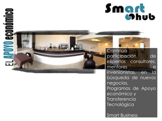 Continua participación de expertos consultores, mentores e inversionistas, en la búsqueda de nuevos negocios. Programas de Apoyo económico y Transferencia Tecnológica Smart Business  