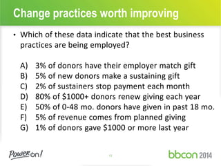 Change practices worth improving 
• Which of these data indicate that the best business 
practices are being employed? 
A) 3% of donors have their employer match gift 
B) 5% of new donors make a sustaining gift 
C) 2% of sustainers stop payment each month 
D) 80% of $1000+ donors renew giving each year 
E) 50% of 0-48 mo. donors have given in past 18 mo. 
F) 5% of revenue comes from planned giving 
G) 1% of donors gave $1000 or more last year 
12 
 