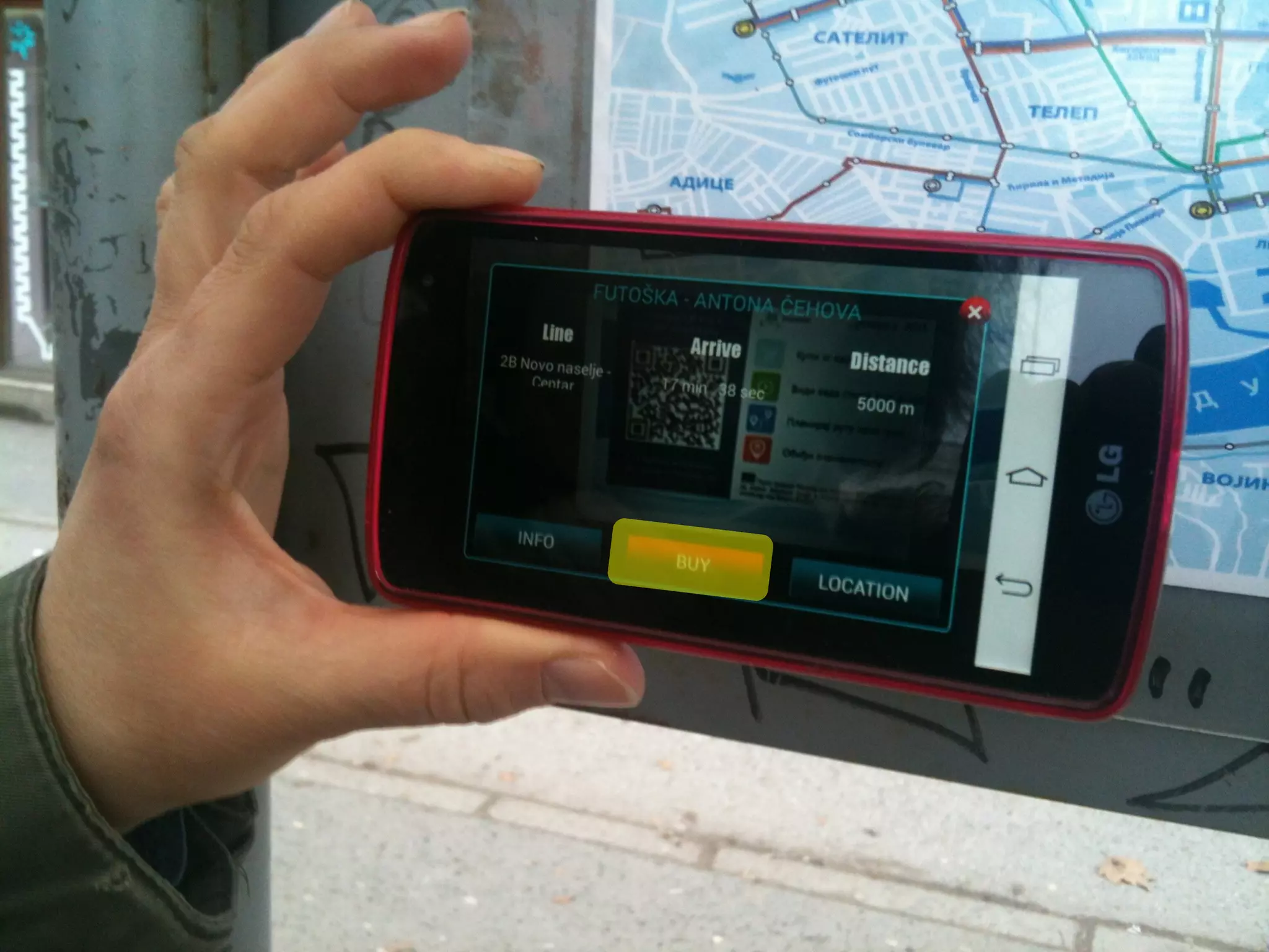 Scanning the QR code with mTicketing
application
QR code based triggering of information in AR view on:
• bus arrival times
• environmental parameters
• display of info dynamic map with buses, bus stops and bus routes
Map with the tracked bus and the bus stop
(available upon QR code scanning)
Available information on bus arrival time by
selecting the bus on a map
Displayed
environmental
parameters on a
smartphone at
the bus stop
location
 