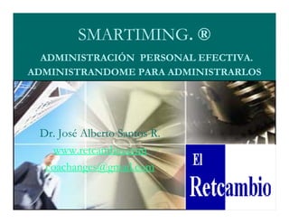SMARTIMINGSMARTIMING.. ®®
ADMINISTRACIÓNADMINISTRACIÓN PERSONAL EFECTIVAPERSONAL EFECTIVA..
ADMINISTRANDOME PARA ADMINISTRARLOSADMINISTRANDOME PARA ADMINISTRARLOS
Dr. José Alberto Santos R.Dr. José Alberto Santos R.
www.retcambio.comwww.retcambio.com
coachanges@gmail.comcoachanges@gmail.com
 