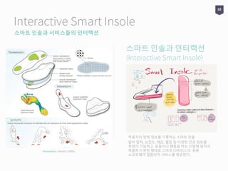 Interactive Smart Insole
스마트 인솔과 서비스들의 인터랙션
Vivometrics Lifeshirt (2000)
착용자의 생체 정보를 기록하는 스마트 인솔
발의 압력, 심전도, 체온, 혈압 등 다양한 건강 정보를
측정이 가능하고 운동이나 행동을 하는 신발에 넣어서
착용하기 편한 형태로 스마트 디바이스의 응용
소프트웨어 결합되어 서비스를 제공한다.
스마트 인솔과 인터랙션
(Interactive Smart Insole)
02
 