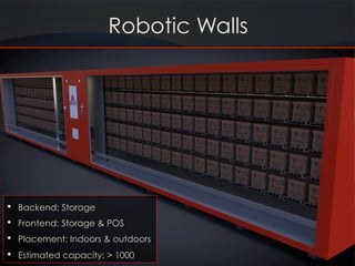 Robotic Walls
•  Backend: Storage
•  Frontend: Storage & POS
•  Placement: Indoors & outdoors
•  Estimated capacity: > 1000
 
