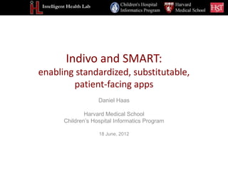 Intelligent Health Lab




          Indivo and SMART:
enabling standardized, substitutable,
        patient-facing apps
                         Daniel Haas

                 Harvard Medical School
         Children’s Hospital Informatics Program

                         18 June, 2012
 