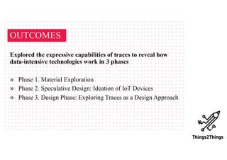 OUTCOMES
Explored the expressive capabilities of traces to reveal how
data-intensive technologies work in 3 phases
» Phase 1. Material Exploration
» Phase 2. Speculative Design: Ideation of IoT Devices
» Phase 3. Design Phase: Exploring Traces as a Design Approach
 