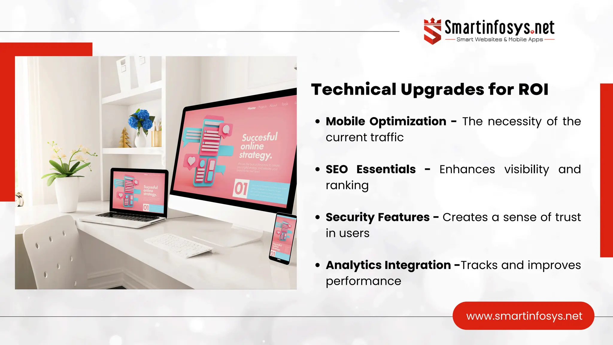 Technical Upgrades for ROI
www.smartinfosys.net
Mobile Optimization - The necessity of the
current traffic
SEO Essentials - Enhances visibility and
ranking
Security Features - Creates a sense of trust
in users
Analytics Integration -Tracks and improves
performance
 