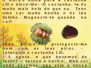 O Ouriço olhou para a castanha Lili e disse-lhe: -Ó castanha, tu és muito mais bela do que eu.  Tens uma cor muito bonita e és tão lisinha… Magoaste-te quando  eu caí? -Não, ouriço, tu protegeste-me bem com os teus picos. -  retorquiu a castanha Lili. - E agora, o que havemos de fazer? – tornou o ouriço.  Não sei onde estamos, não vejo a nossa árvore. 