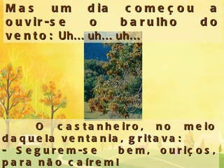 Mas um dia começou a ouvir-se o barulho do vento:  Uh… uh… uh… O castanheiro, no meio daquela ventania, gritava:  - Segurem-se  bem, ouriços, para não caírem! 