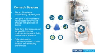 Comarch Beacons
• Piece of hardware
broadcasting radio signals
• The goal is to understand
how people behave and
engage with products in
stores
• Data form the beacons can
be used to improve
customer experience, bring
new revenue streams
• Offers tailored to
customers profiles, current
location and shopping
preferences
 