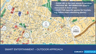 SMART ENTERTAINMENT – OUTDOOR APPROACH
- GUIDE ME to the best places & services
- PROVIDE ME INFORMATION about a
monument in front of me
- HAVE FUN (specific games for tourists,
e.g. follow most interesting places)
 