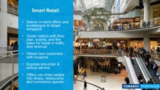 Smart Retail
• Deliver in-store offers and
e-catalogue to target
shoppers
• Guide visitors with floor
plan, events, and the
sales for boost in traffic
and revenue
• Attract new customers
with coupons
• Express pre-order &
pickup service
• Offers can draw people
into shops, restaurants
and commerce spaces
 