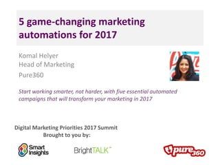 Digital Marketing Priorities 2017 Summit
Brought to you by:
5 game-changing marketing
automations for 2017
Komal Helyer
Head of Marketing
Pure360
Start working smarter, not harder, with five essential automated
campaigns that will transform your marketing in 2017
 