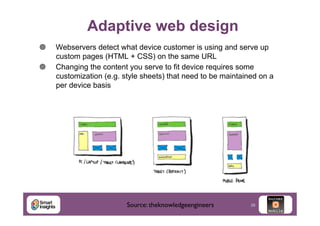 Adaptive web design
¥ 
¥ 

Webservers detect what device customer is using and serve up
custom pages (HTML + CSS) on the same URL
Changing the content you serve to fit device requires some
customization (e.g. style sheets) that need to be maintained on a
per device basis

Source: theknowledgeengineers	


25

 